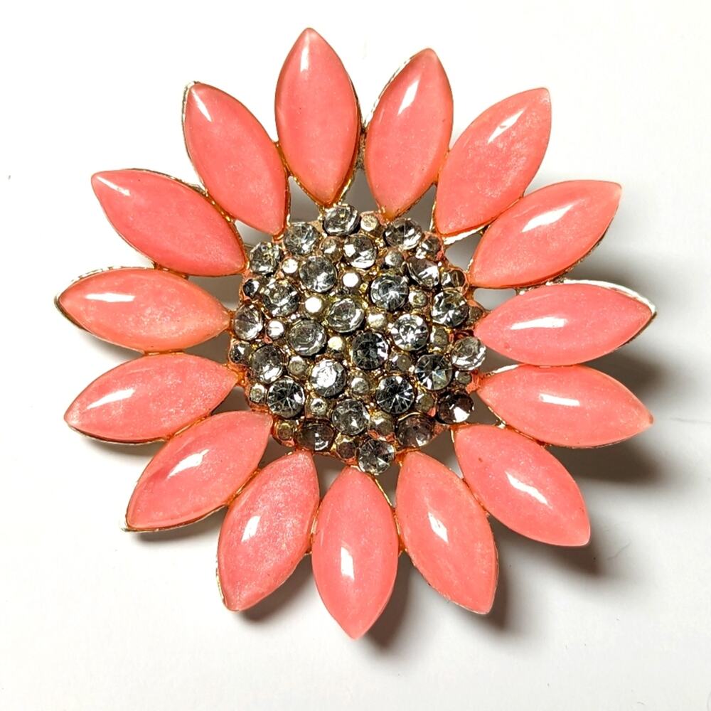 Vintage Coral Acrylic Silver Tone Rhinestone Sparkly Flower Power Floral Brooch